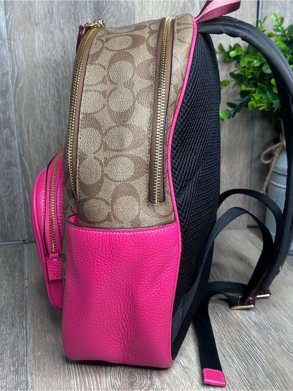 Coach Signature Monogram Pink Leather Trim Backpack – Gold Hardware – Medium